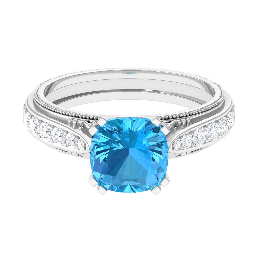 3 CT Cushion Cut Swiss Blue Topaz Vintage Engagement Ring with Side Stones Swiss Blue Topaz - ( AAA ) - Quality - Rosec Jewels