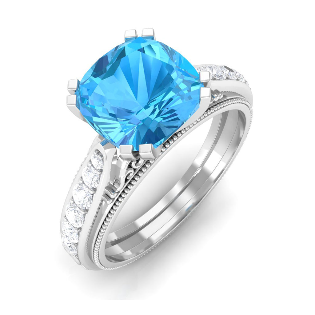 3 CT Cushion Cut Swiss Blue Topaz Vintage Engagement Ring with Side Stones Swiss Blue Topaz - ( AAA ) - Quality - Rosec Jewels