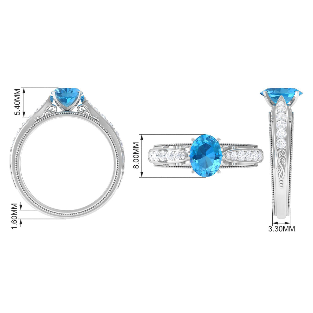 8X6 MM Oval Cut Swiss Blue Topaz Solitaire and Diamond Side Stone Ring Swiss Blue Topaz - ( AAA ) - Quality - Rosec Jewels