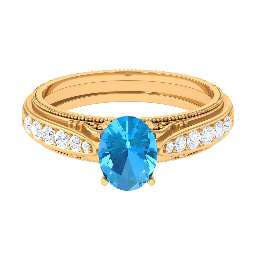 8X6 MM Oval Cut Swiss Blue Topaz Solitaire and Diamond Side Stone Ring Swiss Blue Topaz - ( AAA ) - Quality - Rosec Jewels