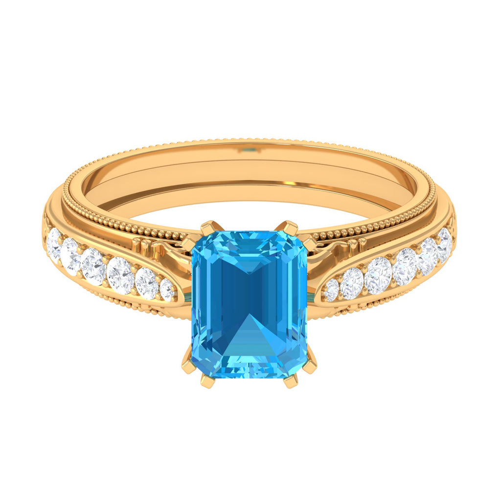 2.25 CT Emerald Cut Swiss Blue Topaz Solitaire Ring with Diamond Side Stones Swiss Blue Topaz - ( AAA ) - Quality - Rosec Jewels