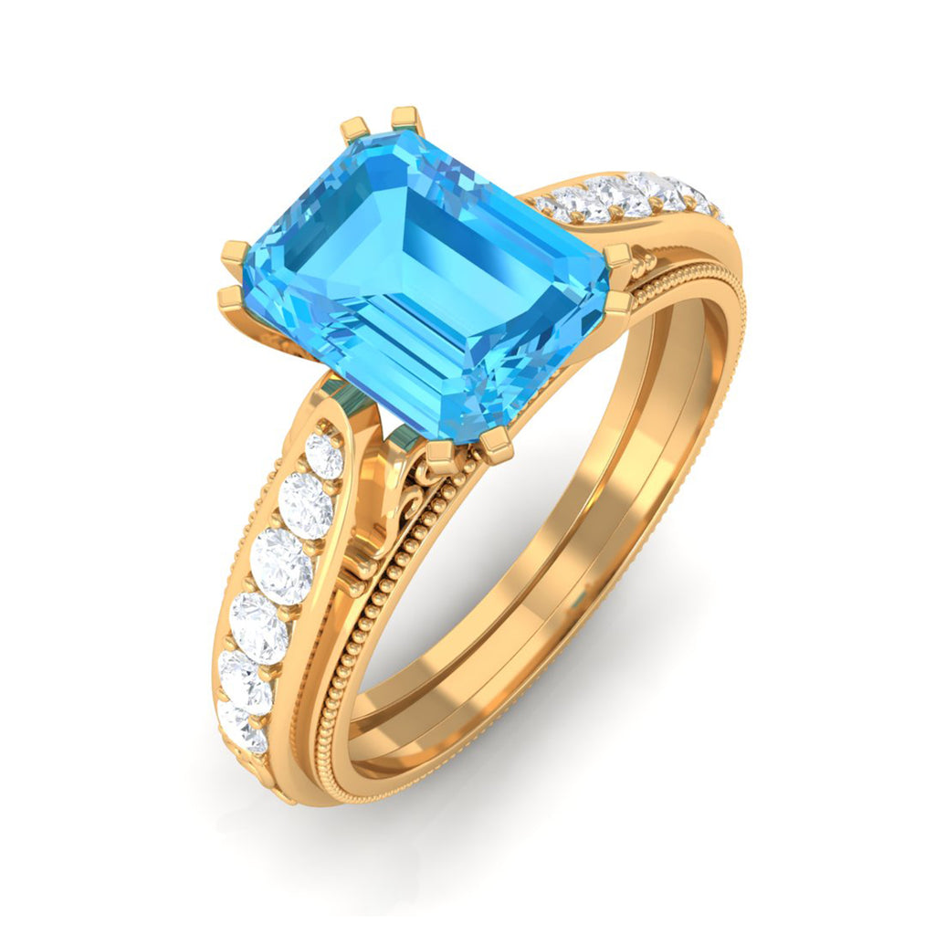 2.25 CT Emerald Cut Swiss Blue Topaz Solitaire Ring with Diamond Side Stones Swiss Blue Topaz - ( AAA ) - Quality - Rosec Jewels