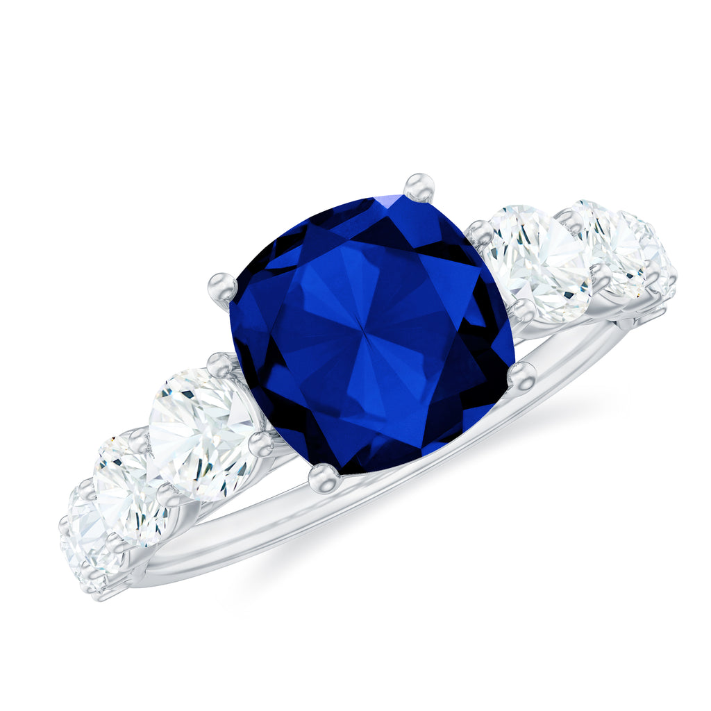 Cushion Cut Lab Grown Blue Sapphire Solitaire Ring with Moissanite Lab Created Blue Sapphire - ( AAAA ) - Quality - Rosec Jewels