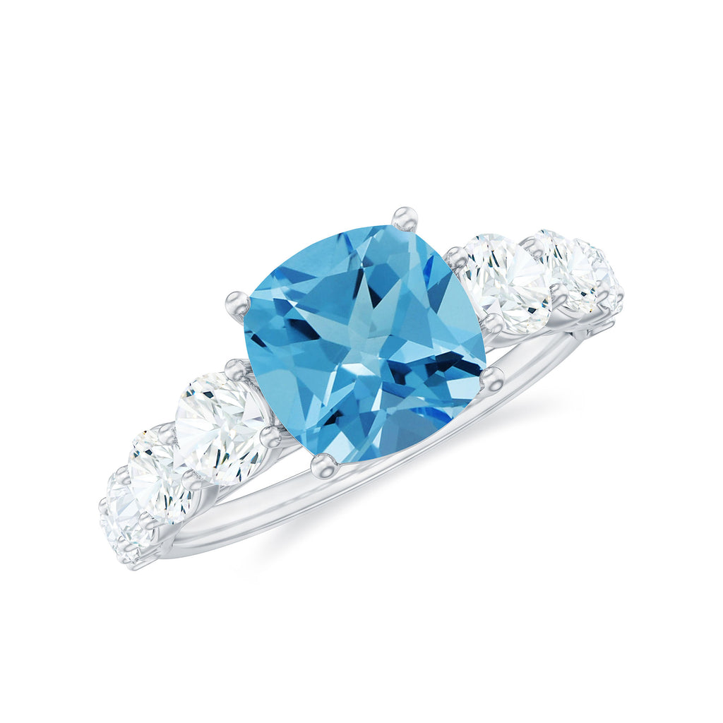 Cushion Cut Swiss Blue Topaz Solitaire and Moissanite Side Stone Engagement Ring Swiss Blue Topaz - ( AAA ) - Quality - Rosec Jewels