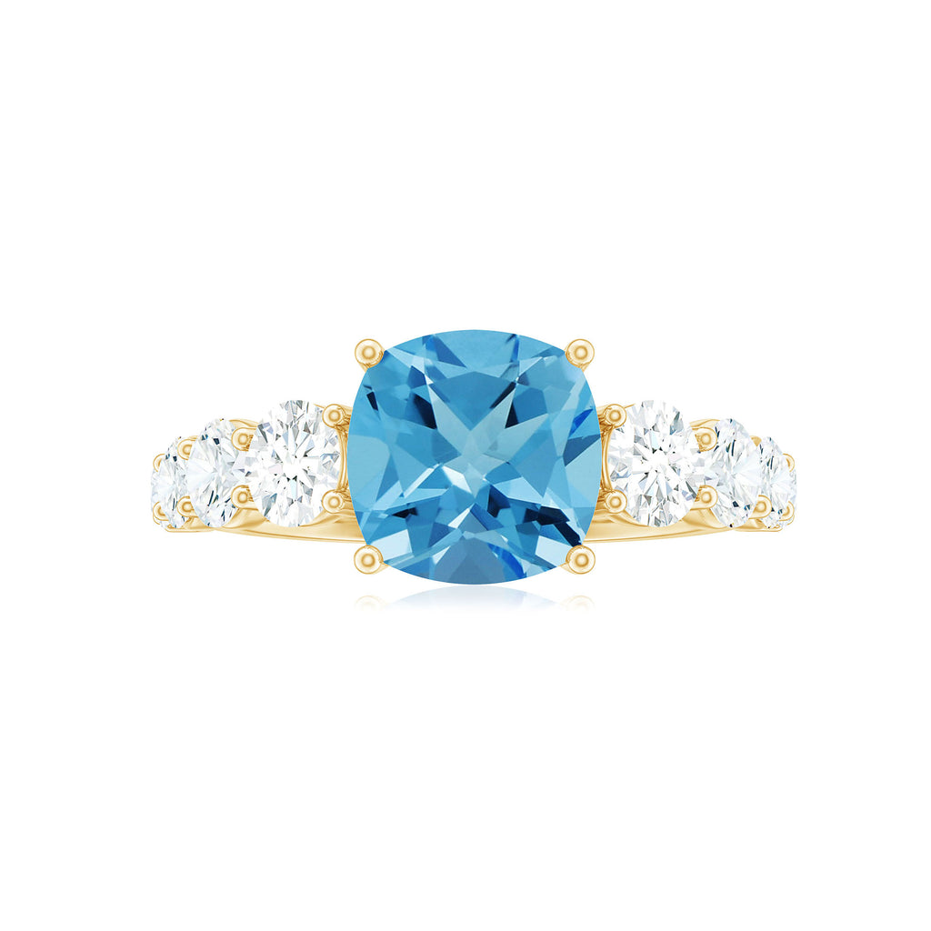 Cushion Cut Swiss Blue Topaz Solitaire and Moissanite Side Stone Engagement Ring Swiss Blue Topaz - ( AAA ) - Quality - Rosec Jewels