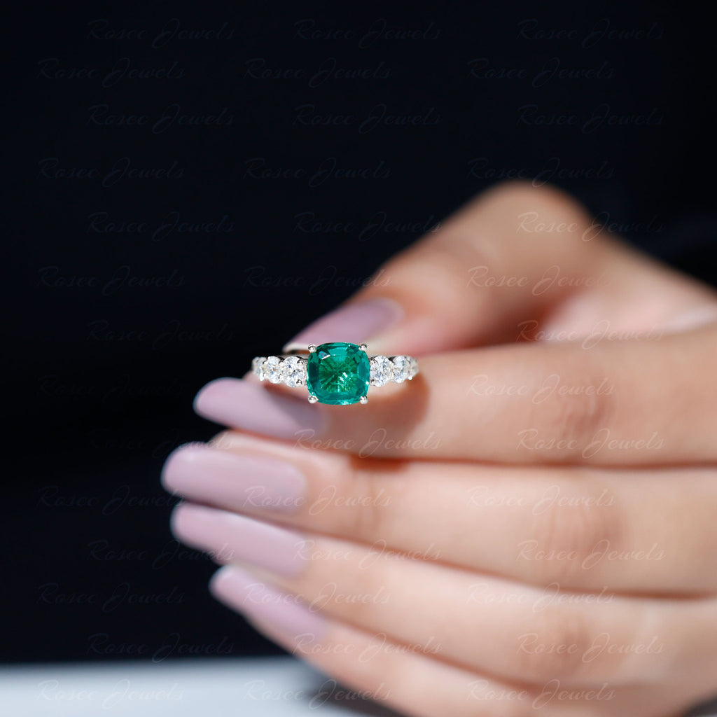 Cushion Cut Created Emerald Solitaire Ring with Moissanite Side Stones Lab Created Emerald - ( AAAA ) - Quality - Rosec Jewels