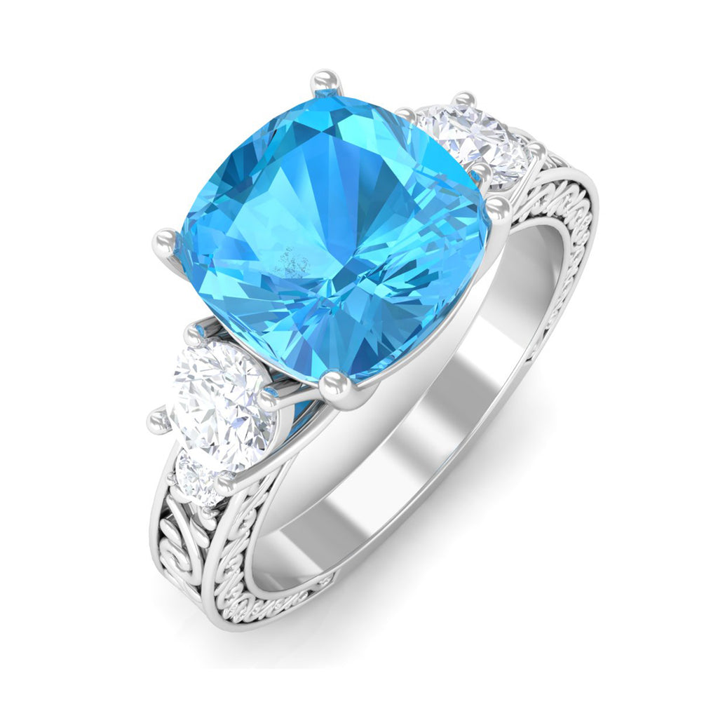 8 MM Three Stone Cushion Cut Swiss Blue Topaz Solitaire with Moissanite Engagement Ring Swiss Blue Topaz - ( AAA ) - Quality - Rosec Jewels