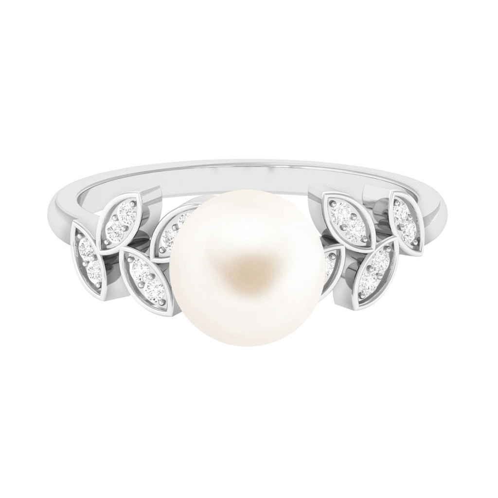 Freshwater Pearl Solitaire Engagement Ring with Diamond Leaf Shank Freshwater Pearl - ( AAA ) - Quality - Rosec Jewels