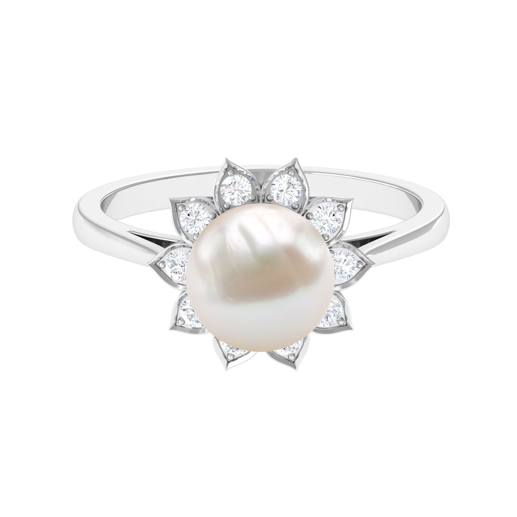 Freshwater Pearl and Diamond Flower Halo Engagement Ring Freshwater Pearl - ( AAA ) - Quality - Rosec Jewels