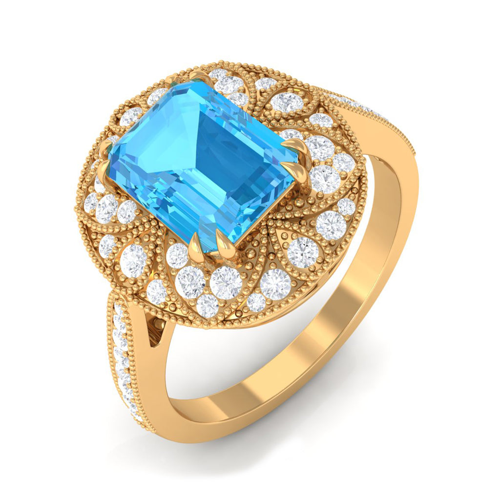 6X8 MM Emerald Cut Swiss Blue Topaz Solitaire with Diamond Vintage Ring Swiss Blue Topaz - ( AAA ) - Quality - Rosec Jewels