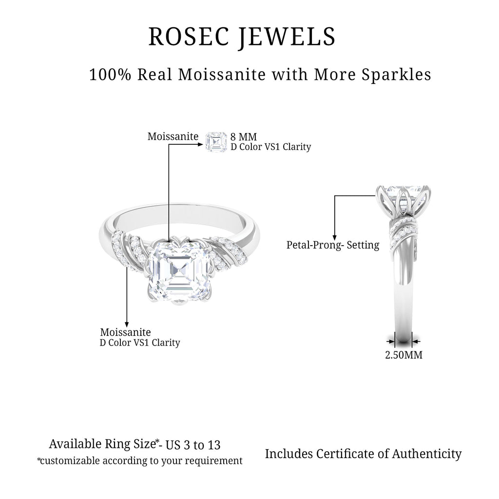 8 MM Asscher Cut Moissanite Solitaire Engagement Ring in Petal Prong Setting Moissanite - ( D-VS1 ) - Color and Clarity - Rosec Jewels