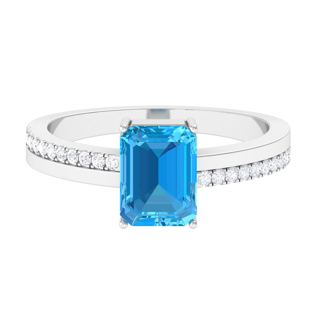2.25 CT Two Tone Swiss Blue Topaz Solitaire with Diamond Side Stone Ring Swiss Blue Topaz - ( AAA ) - Quality - Rosec Jewels