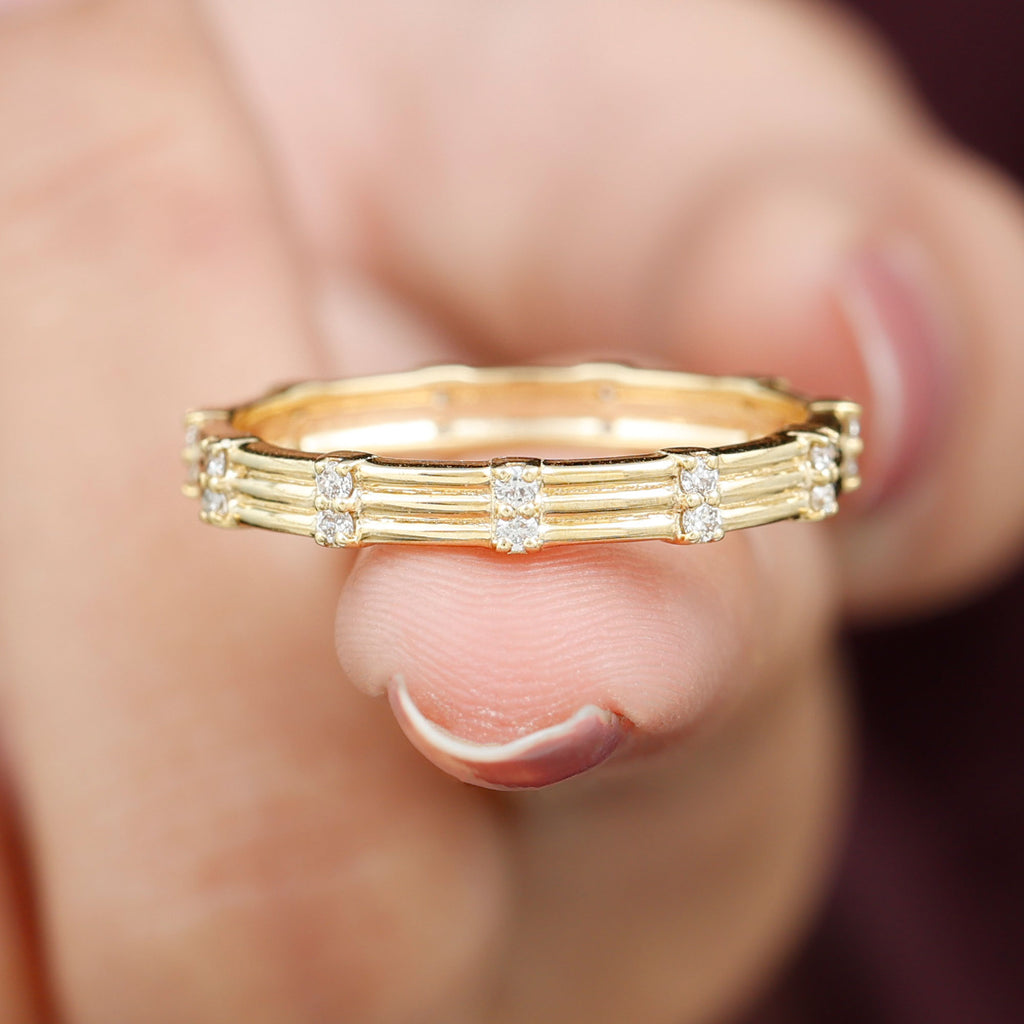 Simple Diamond Stackable Gold Band Ring in Pave Setting Diamond - ( HI-SI ) - Color and Clarity - Rosec Jewels