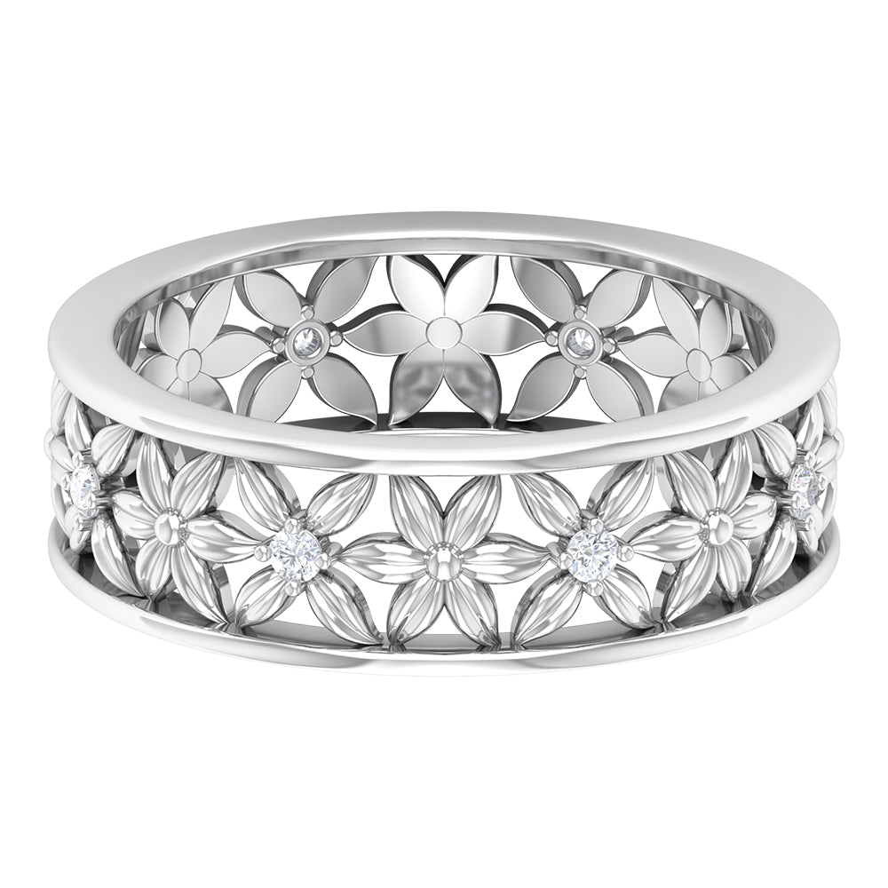 0.25 CT Diamond Flower Wide Band Ring with Cut Work Details Diamond - ( HI-SI ) - Color and Clarity - Rosec Jewels