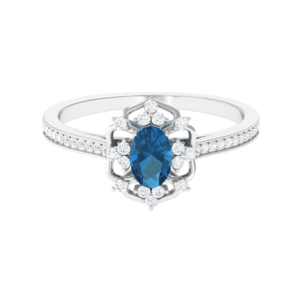 Vintage Style London Blue Topaz and Diamond Flower Engagement Ring London Blue Topaz - ( AAA ) - Quality - Rosec Jewels