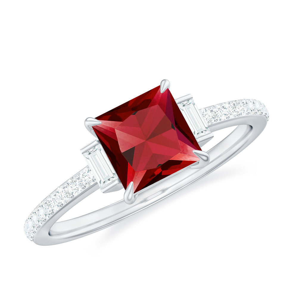 Claw Set Princess Cut Created Ruby Promise Ring with Diamond Side Stones Lab Created Ruby - ( AAAA ) - Quality - Rosec Jewels