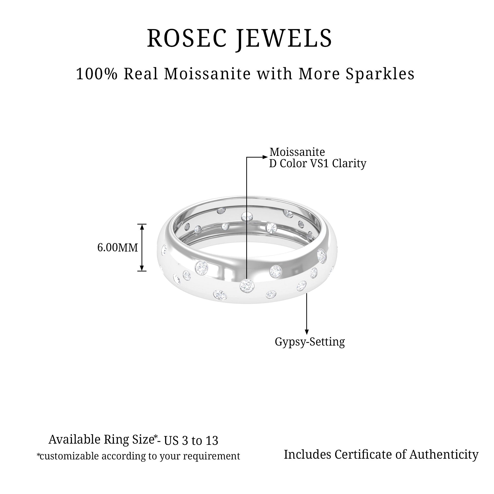 Scatter Moissanite Wedding Wide Band Ring Moissanite - ( D-VS1 ) - Color and Clarity - Rosec Jewels