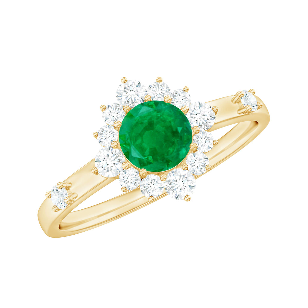 Round Emerald Classic Halo Engagement Ring with Diamond Emerald - ( AAA ) - Quality - Rosec Jewels