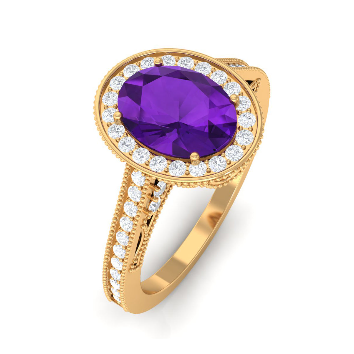 Vintage Inspired Oval Amethyst Engagement Ring with Diamond Amethyst - ( AAA ) - Quality - Rosec Jewels