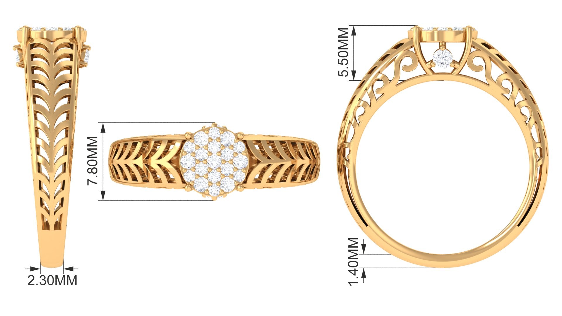 Round Cut Real Diamond Engagement Ring with Gold Filigree Shank Diamond - ( HI-SI ) - Color and Clarity - Rosec Jewels
