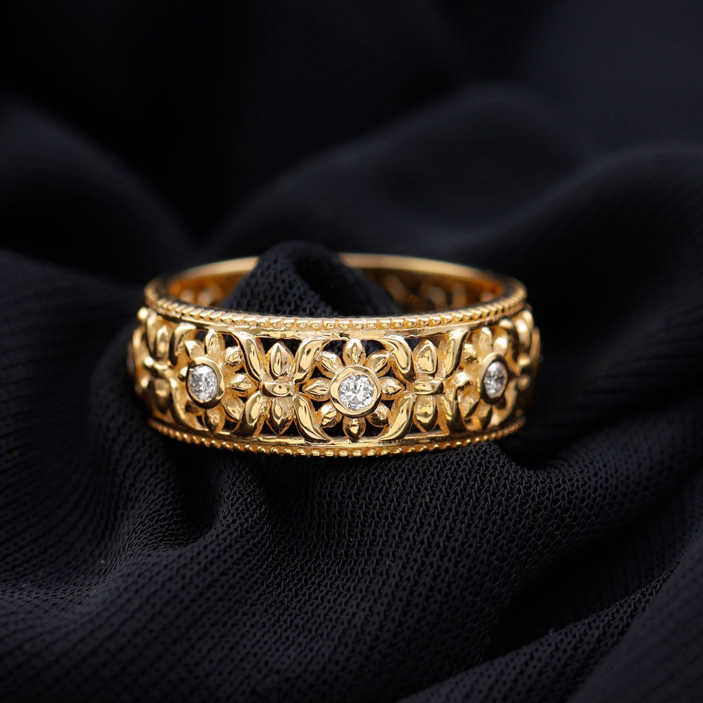 1/2 CT Bezel Set Diamond Floral Inspired Gold Filigree Band Ring Diamond - ( HI-SI ) - Color and Clarity - Rosec Jewels