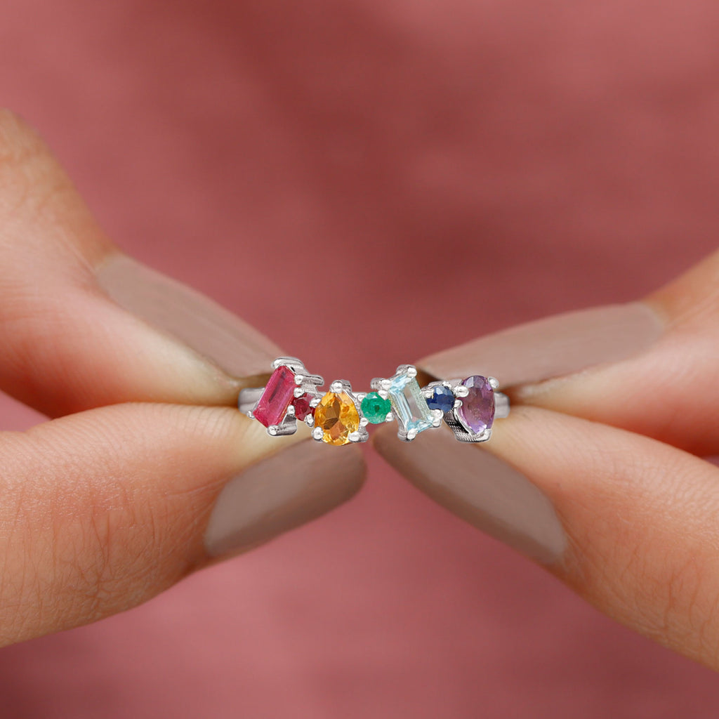 3/4 CT Colorful Multi Gemstone Promise Ring Amethyst - ( AAA ) - Quality - Rosec Jewels