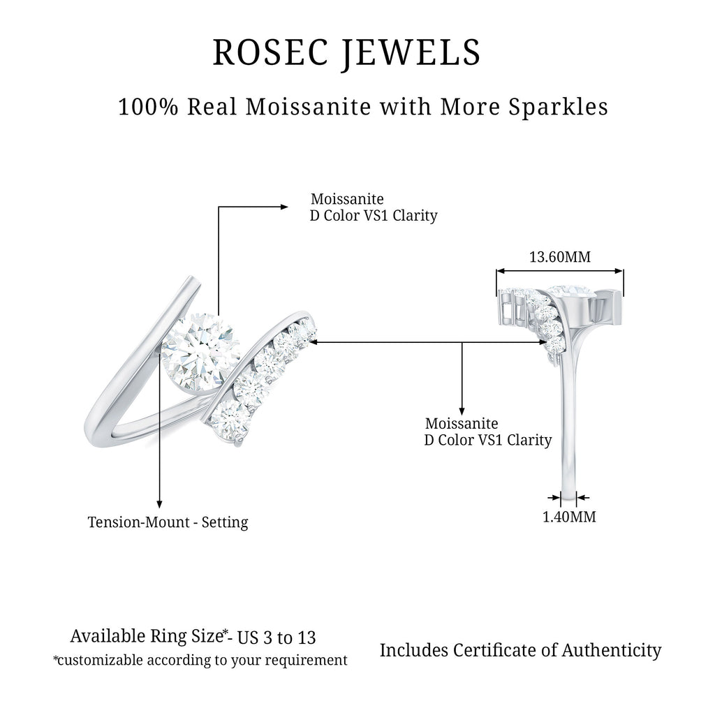 1.50 CT Certified Moissanite Solitaire Bypass Ring Moissanite - ( D-VS1 ) - Color and Clarity - Rosec Jewels