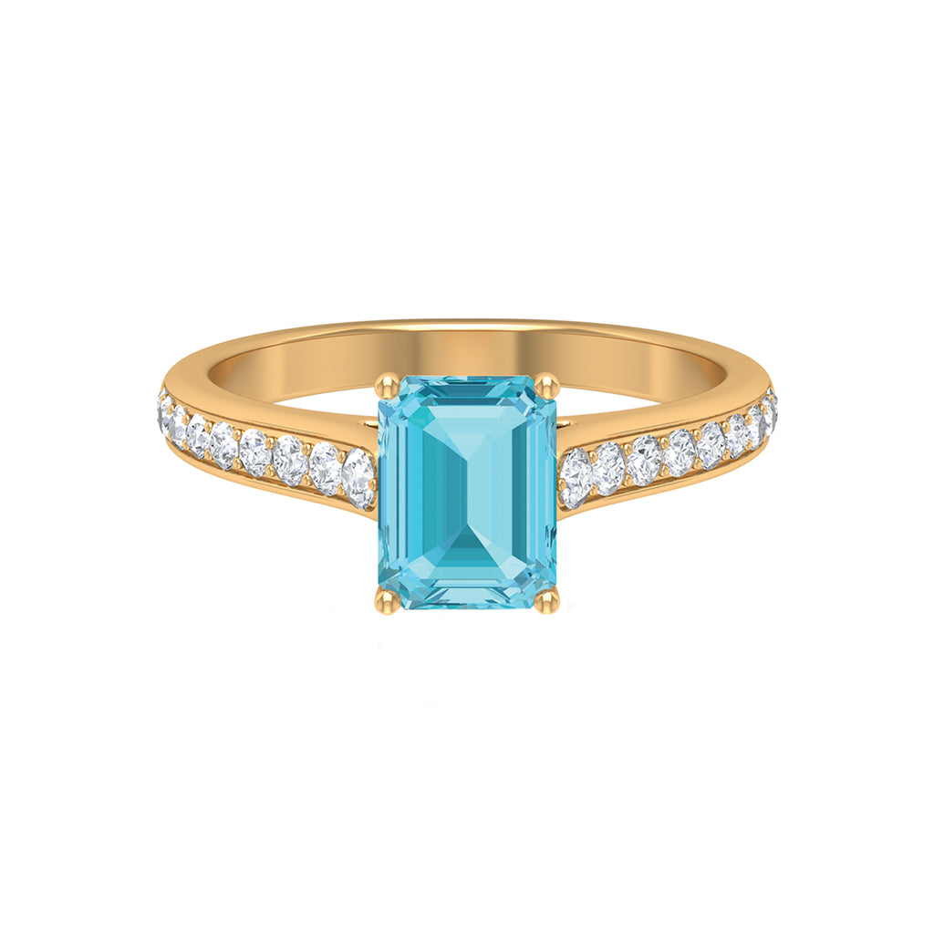 2.50 CT Emerald Cut Swiss Blue Topaz Solitaire with Diamond Side Stone Ring Swiss Blue Topaz - ( AAA ) - Quality - Rosec Jewels