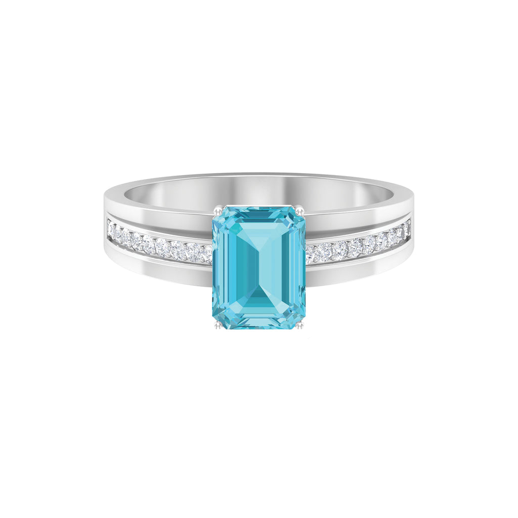 6X8 MM Emerald Cut Swiss Blue Topaz Solitaire with Diamond Two Tone Ring Swiss Blue Topaz - ( AAA ) - Quality - Rosec Jewels