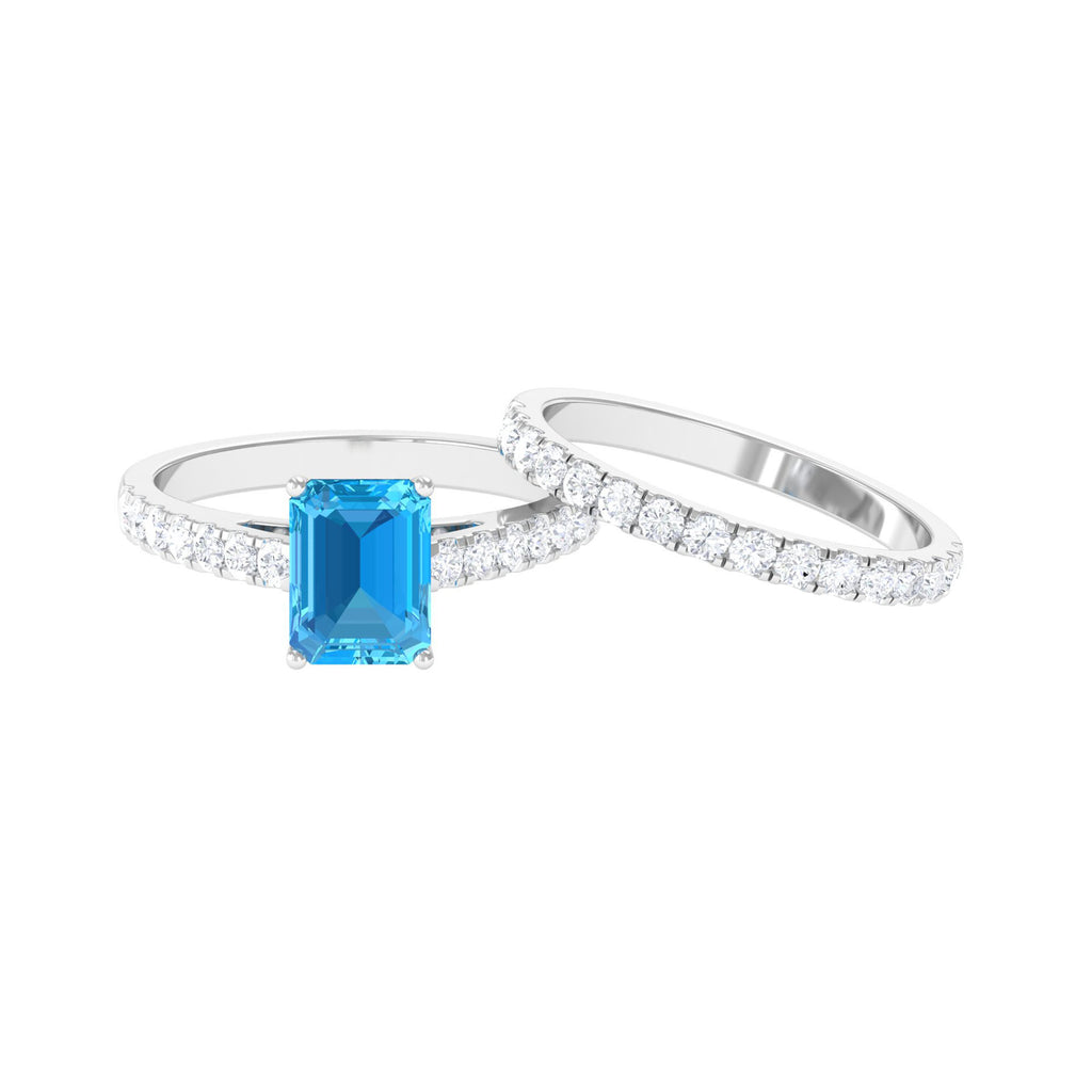 Octagon Cut Swiss Blue Topaz Bridal Ring Set with Moissanite Band Swiss Blue Topaz - ( AAA ) - Quality - Rosec Jewels