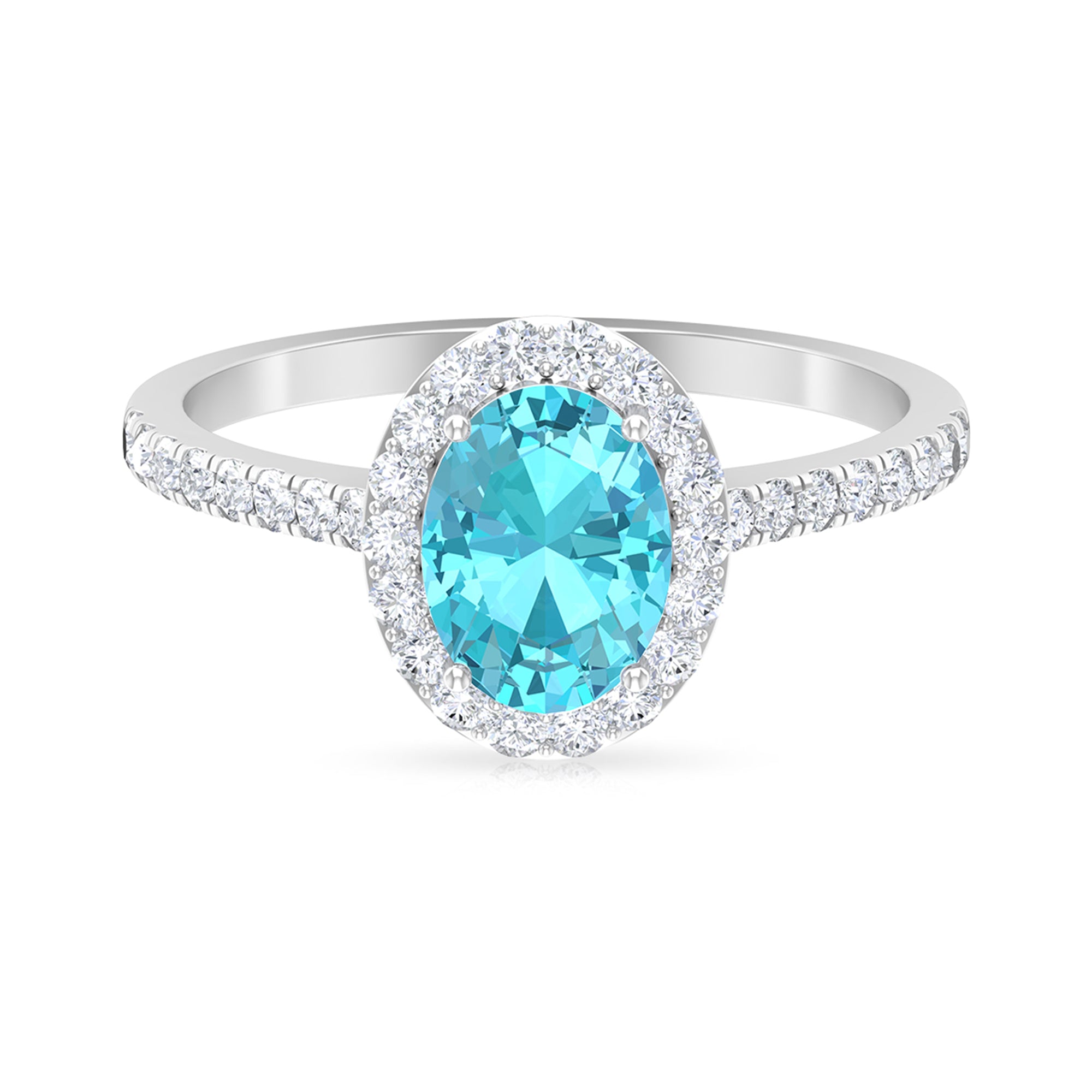 8X6 MM Oval Shape Swiss Blue Topaz Solitaire with Diamond Halo Ring Swiss Blue Topaz - ( AAA ) - Quality - Rosec Jewels