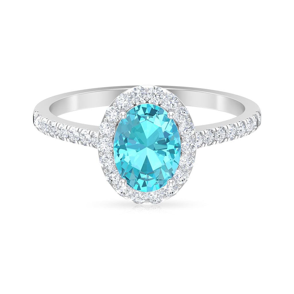 8X6 MM Oval Shape Swiss Blue Topaz Solitaire with Diamond Halo Ring Swiss Blue Topaz - ( AAA ) - Quality - Rosec Jewels