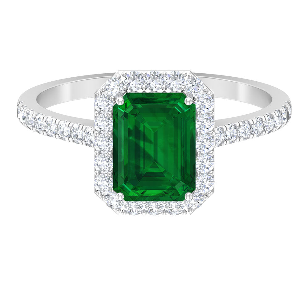Certified Lab Grown Emerald Halo Engagement Ring with Diamond Lab Created Emerald - ( AAAA ) - Quality - Rosec Jewels
