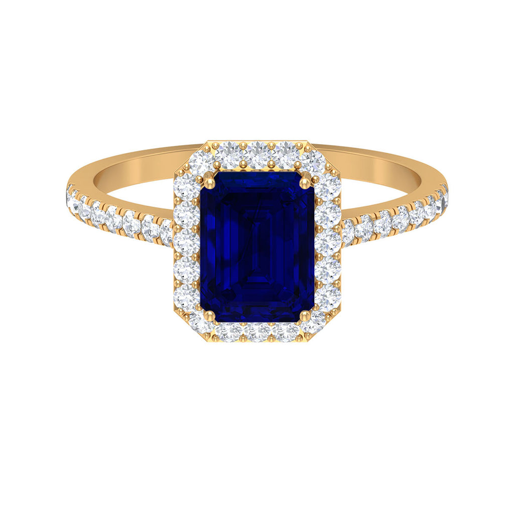 Emerald Cut Created Blue Sapphire Halo Engagement Ring with Diamond Lab Created Blue Sapphire - ( AAAA ) - Quality - Rosec Jewels