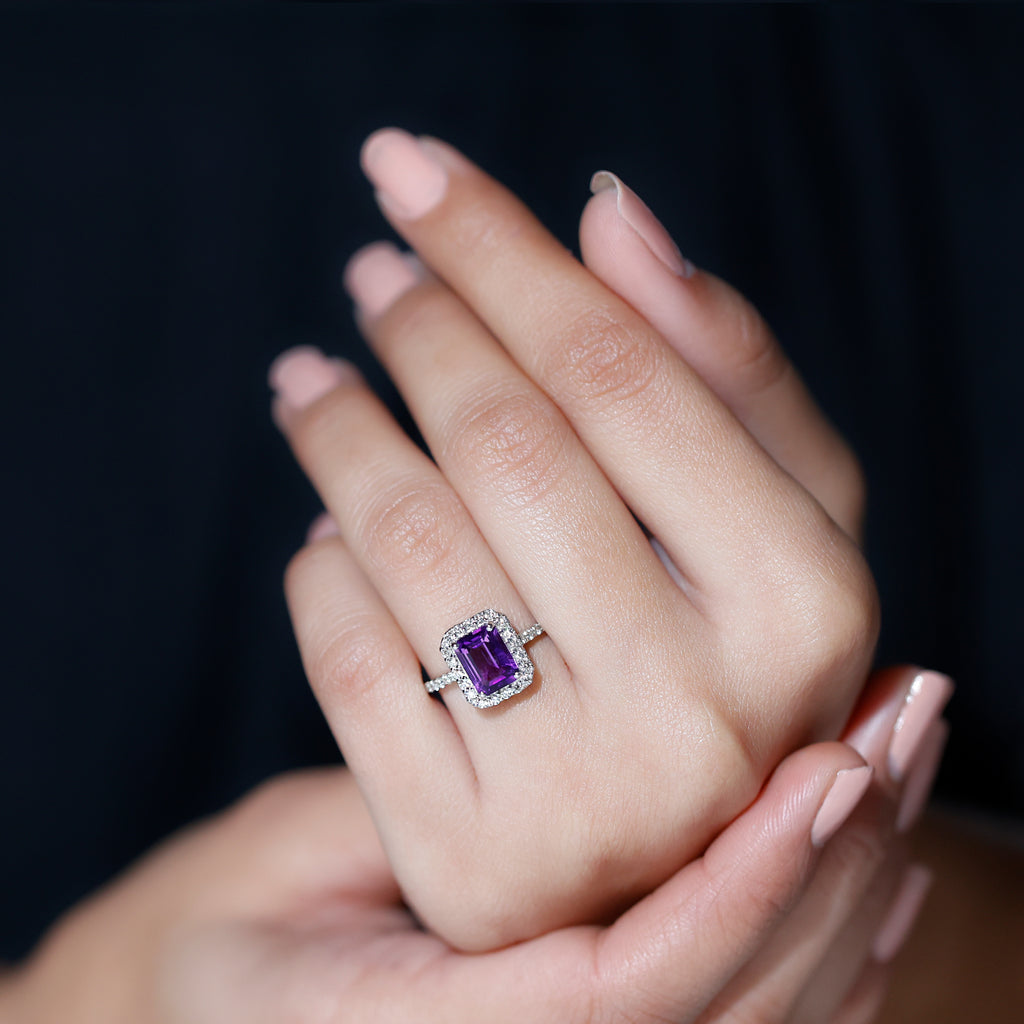 2.25 CT Octagon Cut Amethyst Solitaire Ring with Diamond Side Stones Amethyst - ( AAA ) - Quality - Rosec Jewels