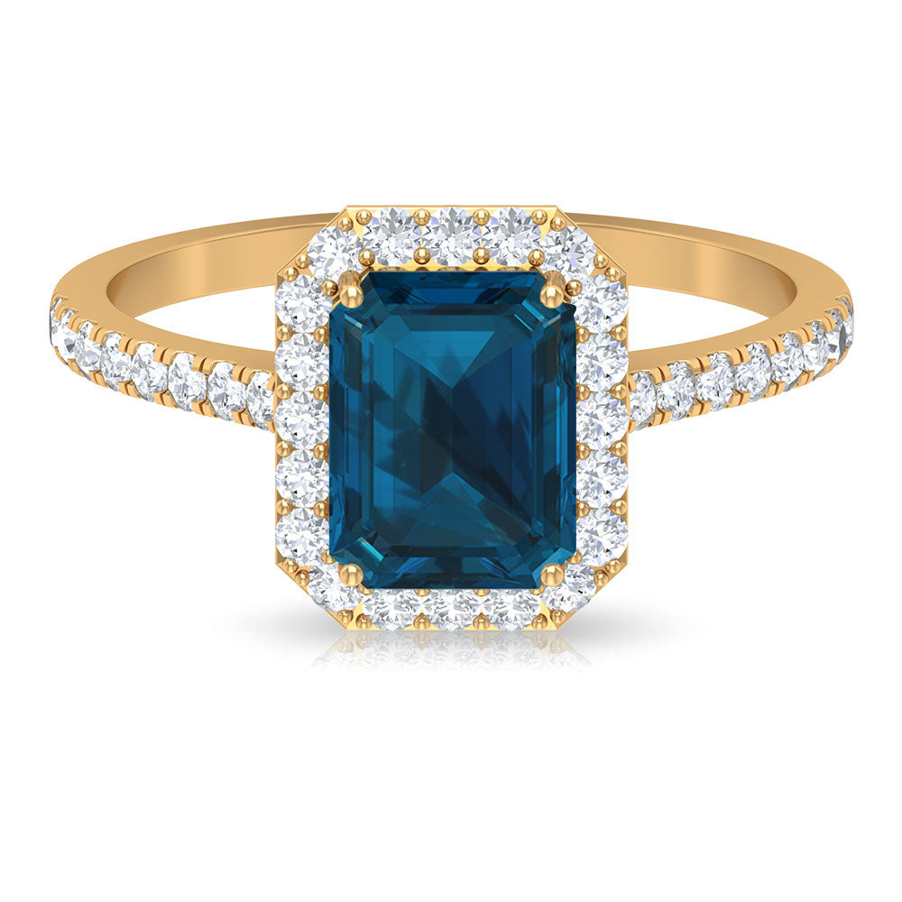 Emerald Cut London Blue Topaz Halo Engagement Ring with Diamond London Blue Topaz - ( AAA ) - Quality - Rosec Jewels