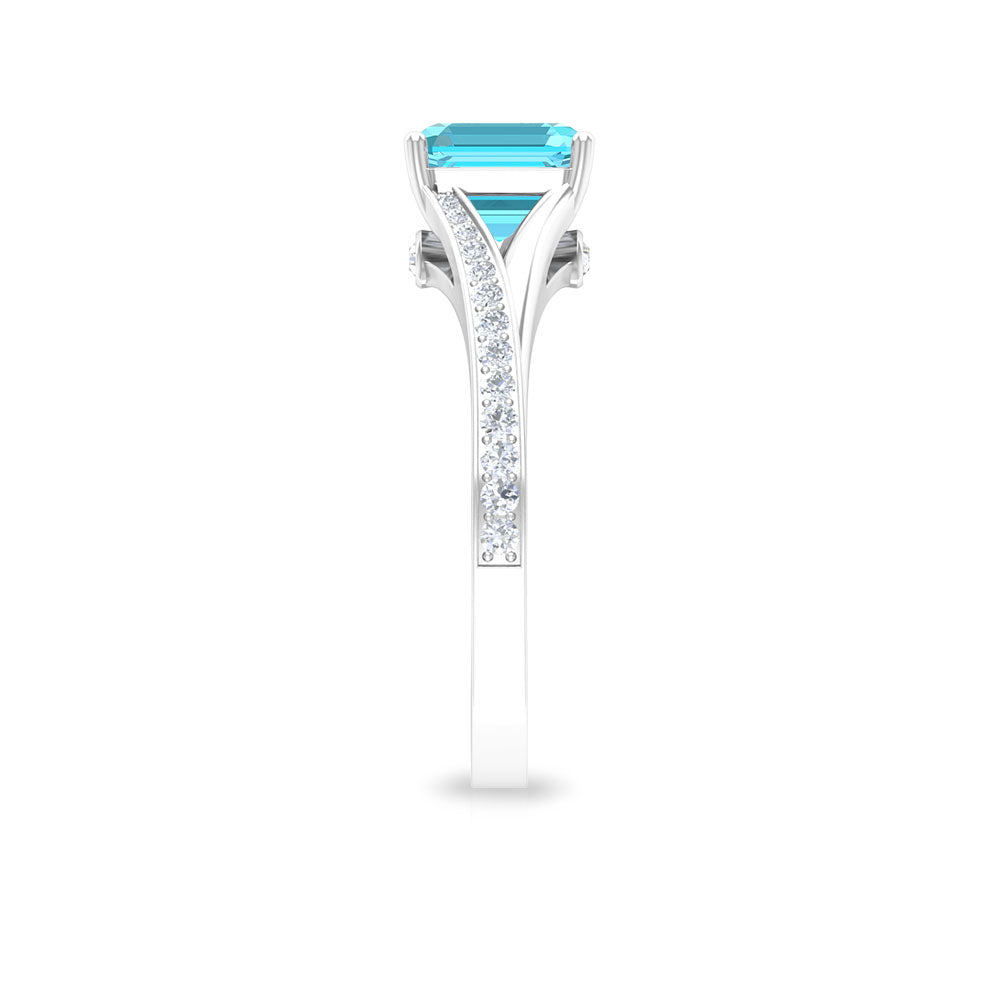 7 MM Asscher Cut Swiss Blue Topaz Solitaire with Diamond Split Shank Ring Swiss Blue Topaz - ( AAA ) - Quality - Rosec Jewels