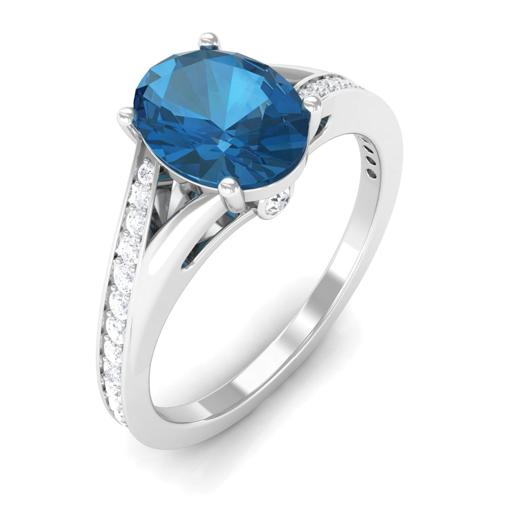 Split Shank Oval London Blue Topaz Solitaire Ring with Diamond London Blue Topaz - ( AAA ) - Quality - Rosec Jewels