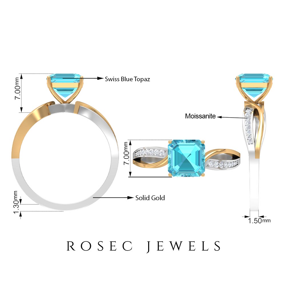 2.25 CT Two Tone Asscher Cut Swiss Blue Topaz Solitaire with Diamond Side Stone Ring Swiss Blue Topaz - ( AAA ) - Quality - Rosec Jewels