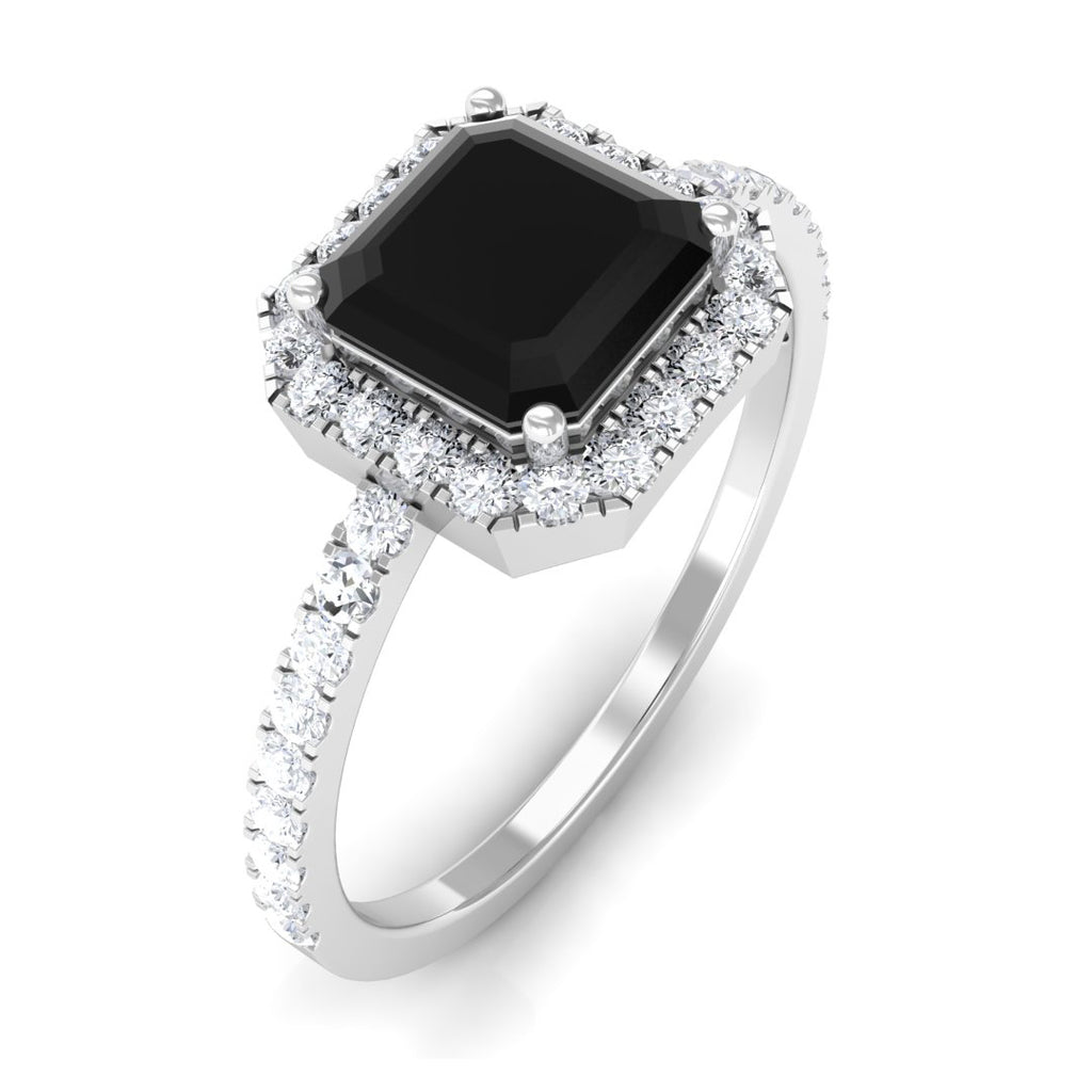Asscher Cut Created Black Diamond and Diamond Halo Engagement Ring Lab Created Black Diamond - ( AAAA ) - Quality - Rosec Jewels
