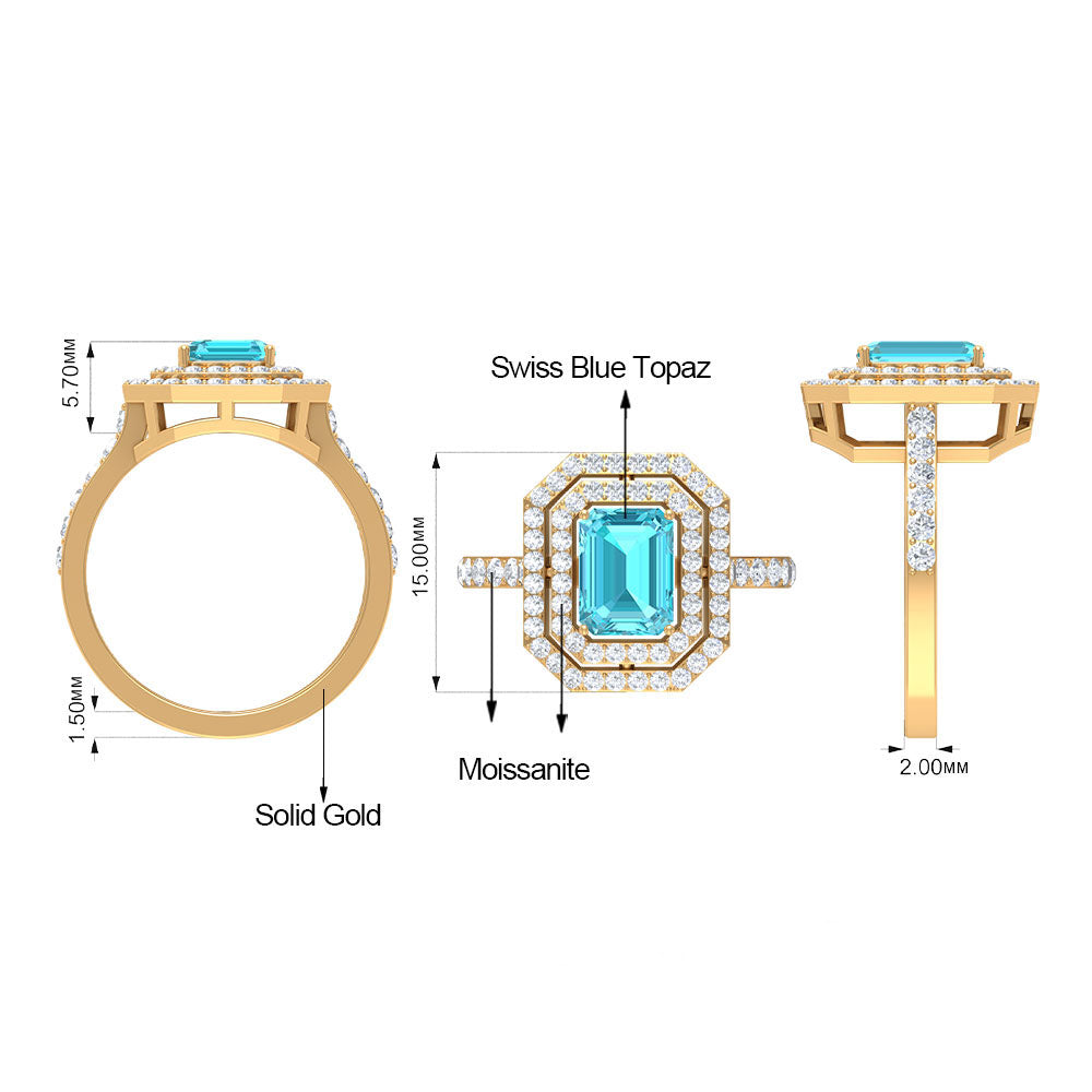 6X8 MM Octagon Cut Swiss Blue Topaz Solitaire with Moissanite Double Halo Ring Swiss Blue Topaz - ( AAA ) - Quality - Rosec Jewels