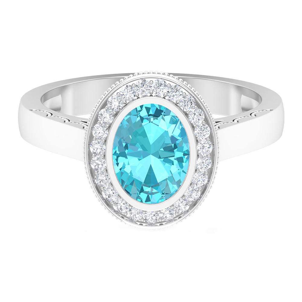 8X6 MM Oval Cut Swiss Blue Topaz Solitaire with Diamond Milgrain Ring Swiss Blue Topaz - ( AAA ) - Quality - Rosec Jewels