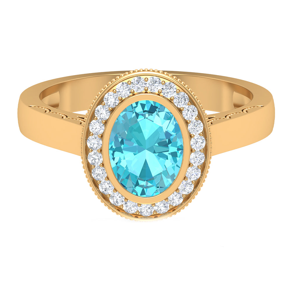 8X6 MM Oval Cut Swiss Blue Topaz Solitaire with Diamond Milgrain Ring Swiss Blue Topaz - ( AAA ) - Quality - Rosec Jewels