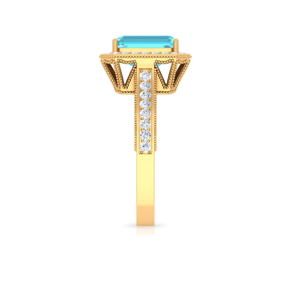 6X8 MM Octagon Cut Swiss Blue Topaz and Moissanite Halo Ring Swiss Blue Topaz - ( AAA ) - Quality - Rosec Jewels