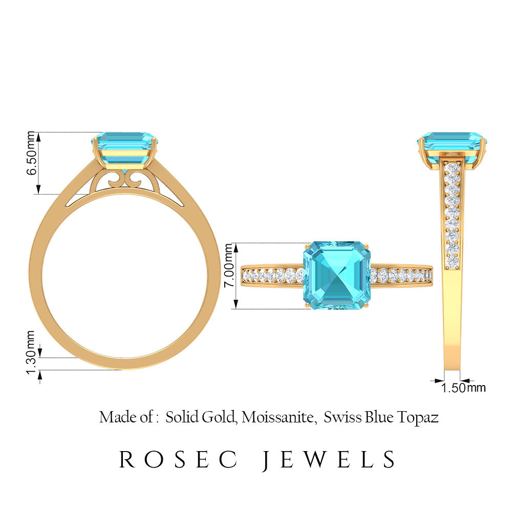 2.50 CT Asscher Cut Swiss Blue Topaz Solitaire Ring with Diamond Accents Swiss Blue Topaz - ( AAA ) - Quality - Rosec Jewels