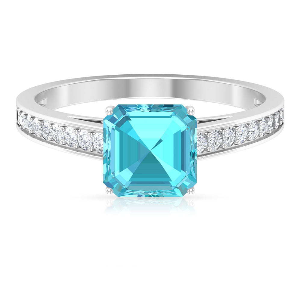 2.50 CT Asscher Cut Swiss Blue Topaz Solitaire Ring with Diamond Accents Swiss Blue Topaz - ( AAA ) - Quality - Rosec Jewels