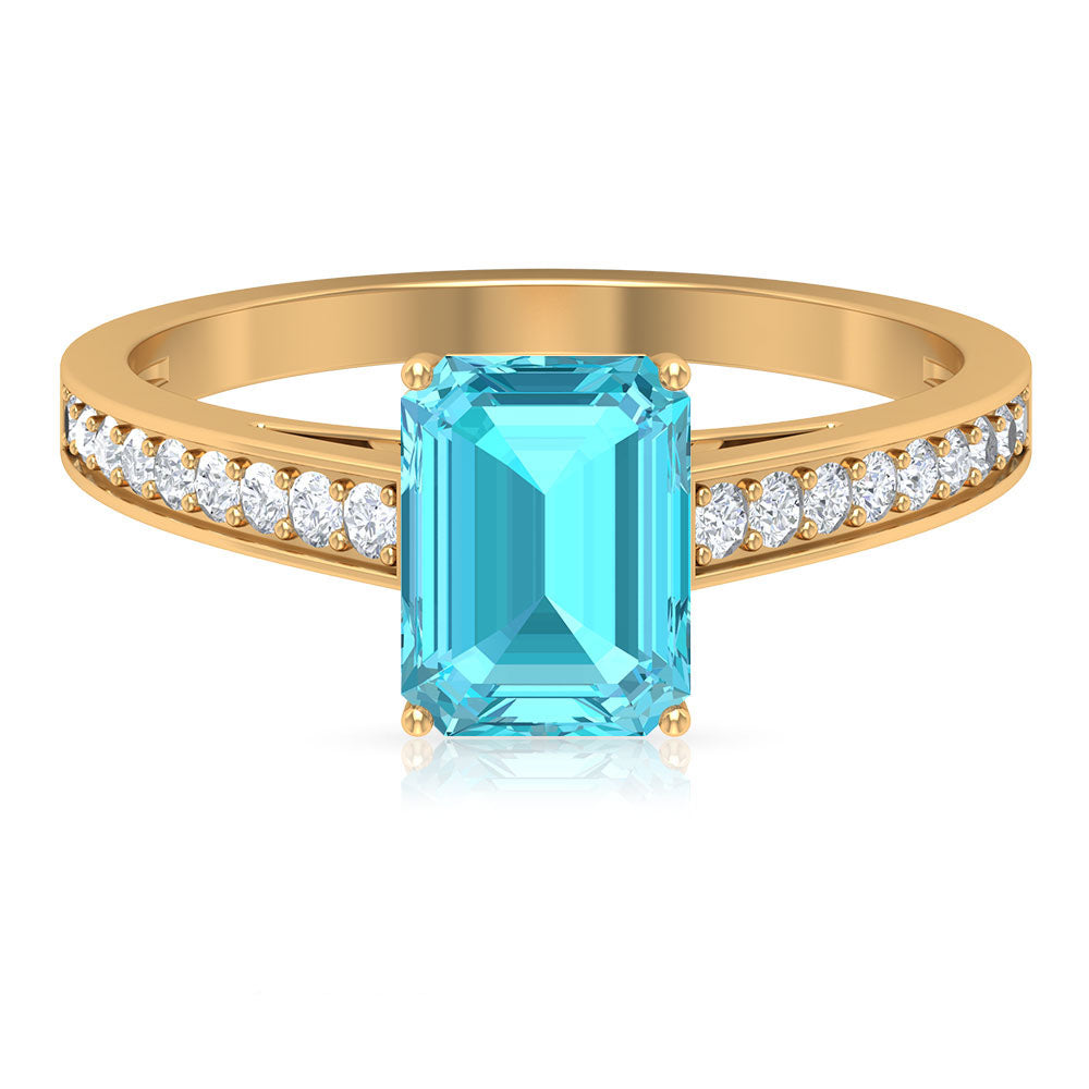 6X8 MM Emerald Cut Shaped Swiss Blue Topaz Solitaire with Diamond Side Stone Ring Swiss Blue Topaz - ( AAA ) - Quality - Rosec Jewels