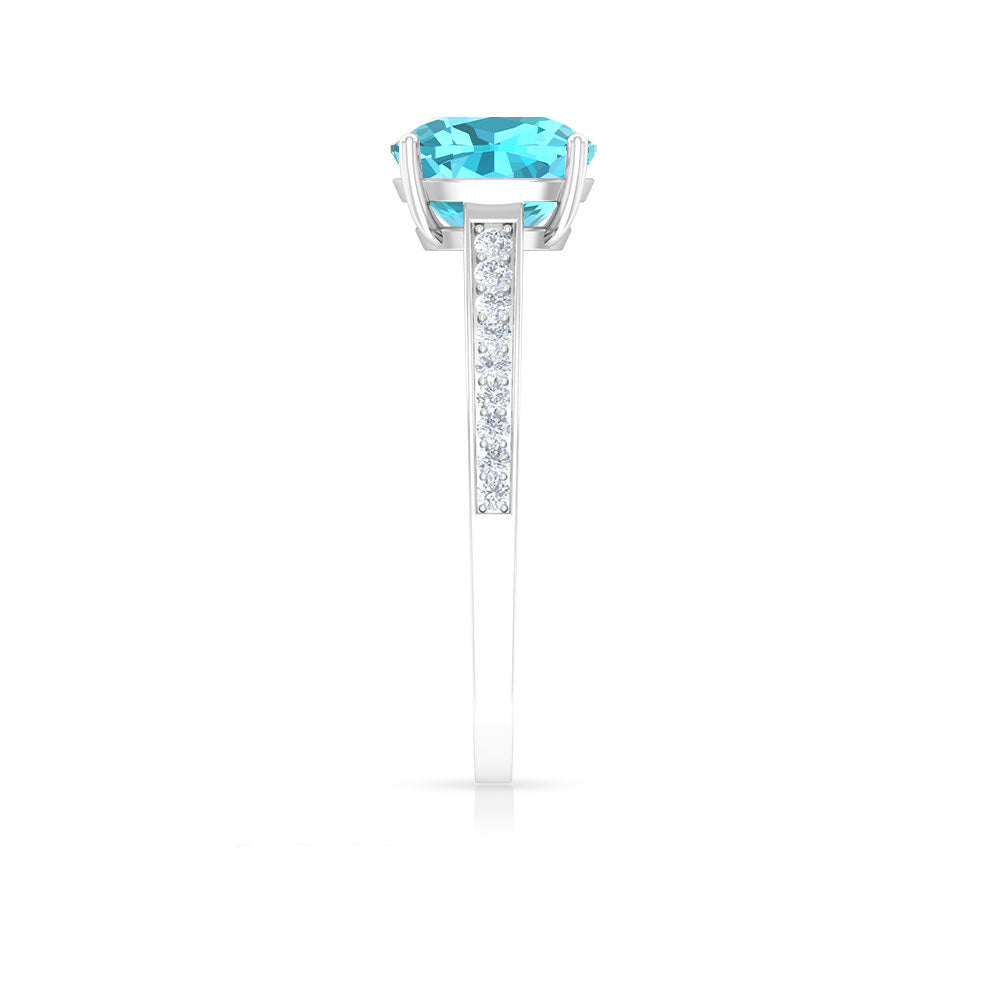 8.5 MM Cushion Cut Swiss Blue Topaz Solitaire with Diamond Side Stone Ring Swiss Blue Topaz - ( AAA ) - Quality - Rosec Jewels