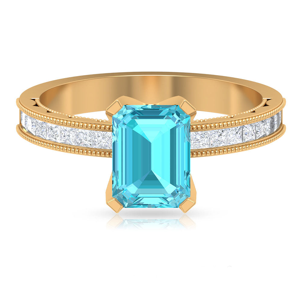 Milgrain Detailed Swiss Blue Topaz Solitaire Ring with Diamond Swiss Blue Topaz - ( AAA ) - Quality - Rosec Jewels