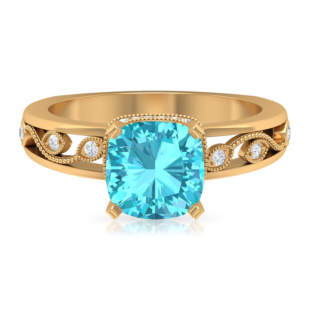 2.50 CT Swiss Blue Topaz Milgrain Solitaire Ring with Diamond Accents Swiss Blue Topaz - ( AAA ) - Quality - Rosec Jewels